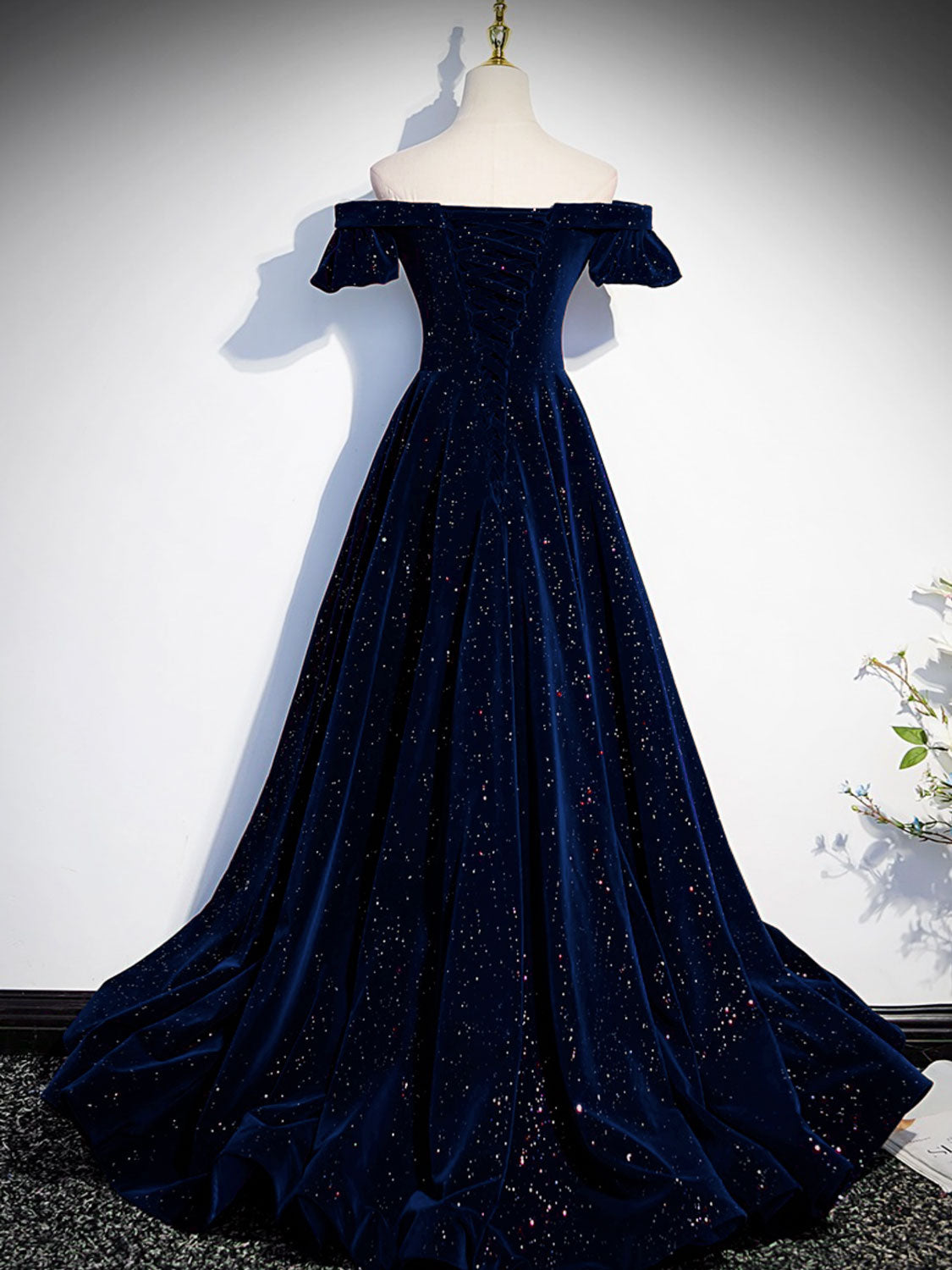 navy blue long homecoming dresses A Line Off the Shoulder Dark Velvet Prom Dresses, Dark Navy Blue Long Formal Dresses, Custom Size / Custom Color / No Rush while the illusion corset
