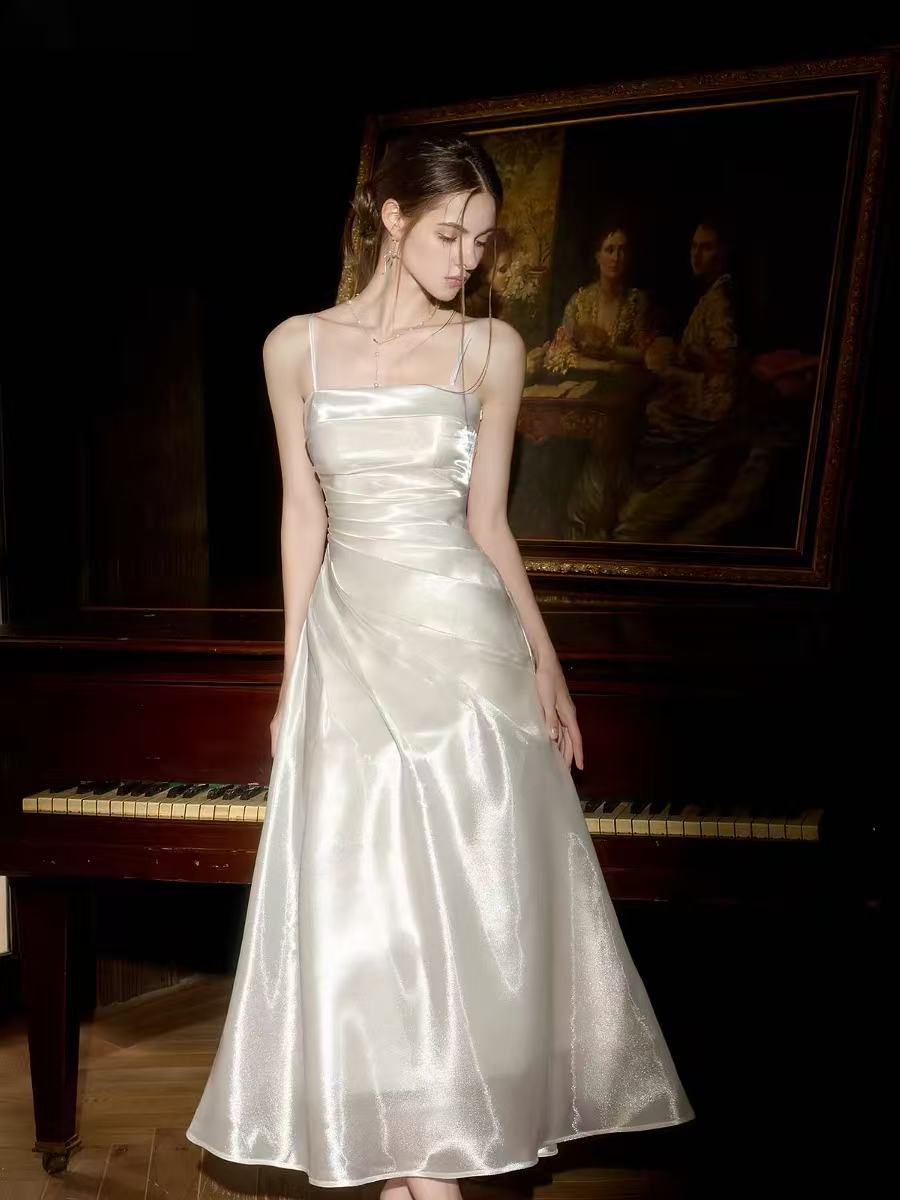 White Cowl Neck Spaghetti Strap Ruched Tea Lengt A-Line Prom Dress