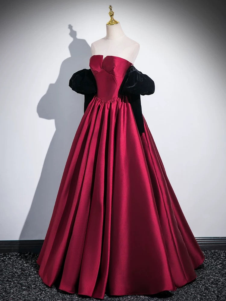 A-Line Satin Dark Red Long Prom Dress, Dark Red Evening Dress