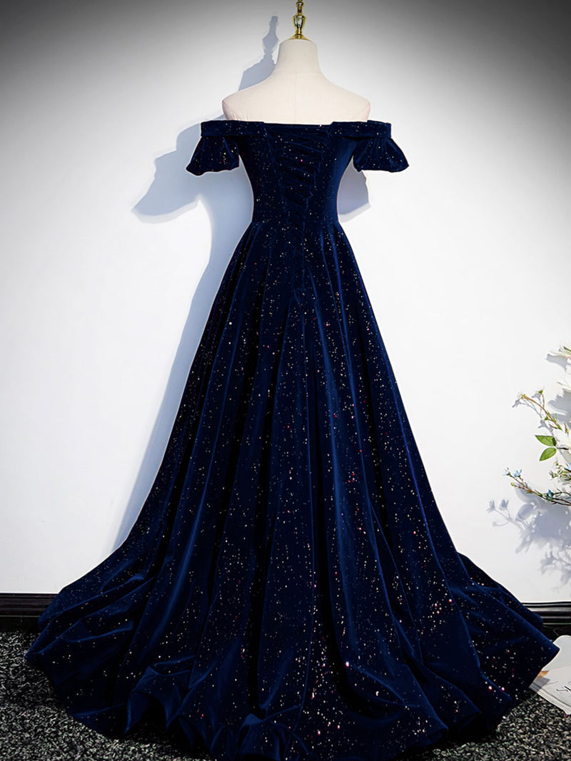 A Line Off The Shoulder Dark Navy Blue Velvet Long Prom Dresses, Dark Navy Blue Long Formal Dresses, US 12 / Custom Color / with Rush+$19.99 A Line Off The Shoulder Dark Navy Blue Velvet Long Prom Dresses, Dark Navy Blue Long Formal Dresses, US 12 / Custom Color / with Rush+$19.99