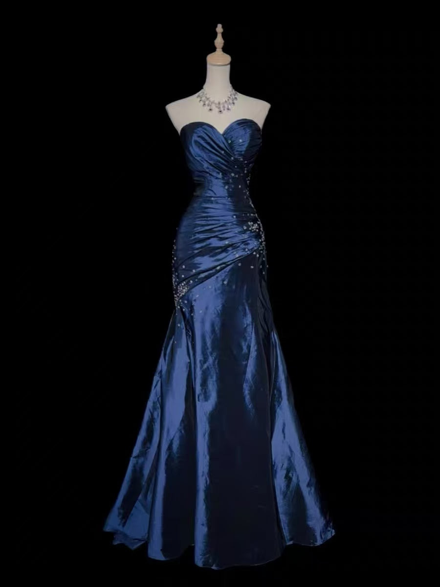 Mermaid Sweetheart Satin Sequin Dark Blue Long Prom Dress with Beads
