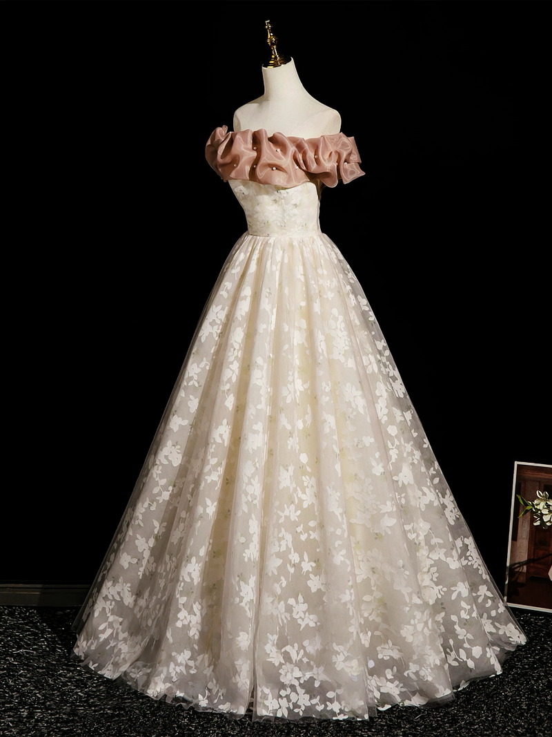 A-Line Off Shoulder Tulle Lace Champagne Long Prom Dress