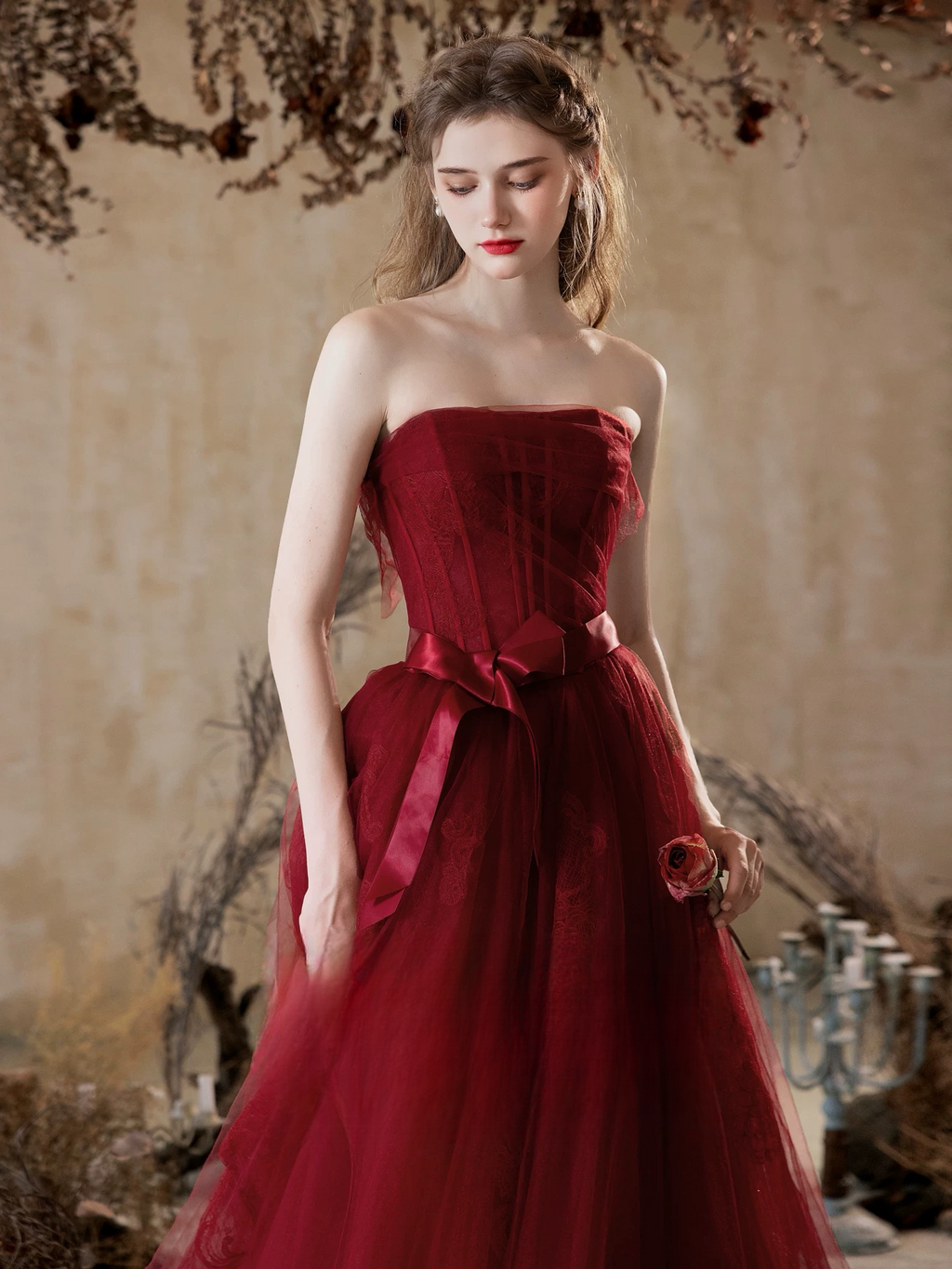 A-Line Tulle Lace Burgundy Long Prom Dress, Burgundy Long Graduation Dress