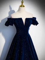 A-Line Off Shoulder Velvet Dark Blue Long Prom Dress, Dark Blue Long Formal Dress