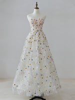 A-line Sweetheart Neck Tulle Lace Flower Beige Long Prom Dress, Beige Long Formal Dress