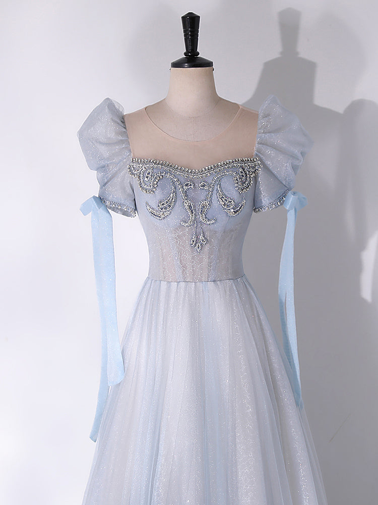 light blue beading tulle prom dress Stacees 2026 Lace Applique Tight Mermaid Dusty Blue Prom Dress with Open Back