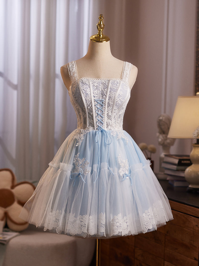 A-Line Tulle Lace Blue Short Prom Dress, Blue Homecoming Dress