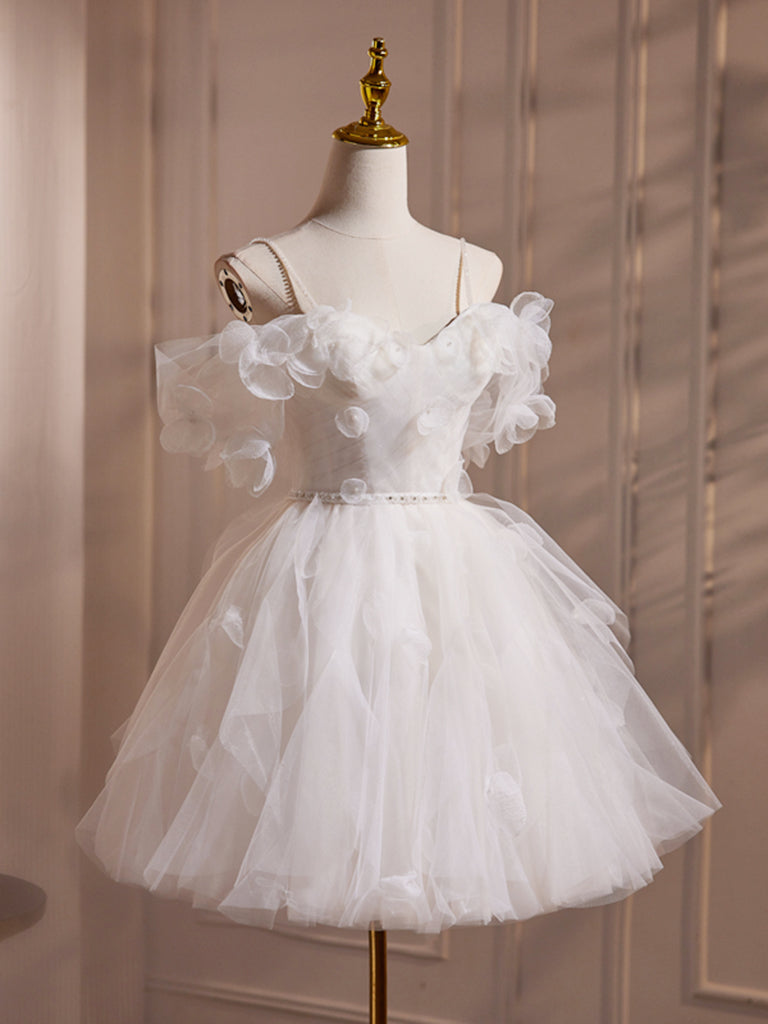 A-Line Off Shoulder Tulle White Short Prom Dress, Cute White Homecoming Dress