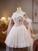A-Line Off Shoulder Tulle Lace Beige Short Prom Dress, Beige Homecoming Dress