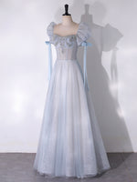 A-Line Scoop Neckline Tulle Light Blue Long Prom Dress with Beads