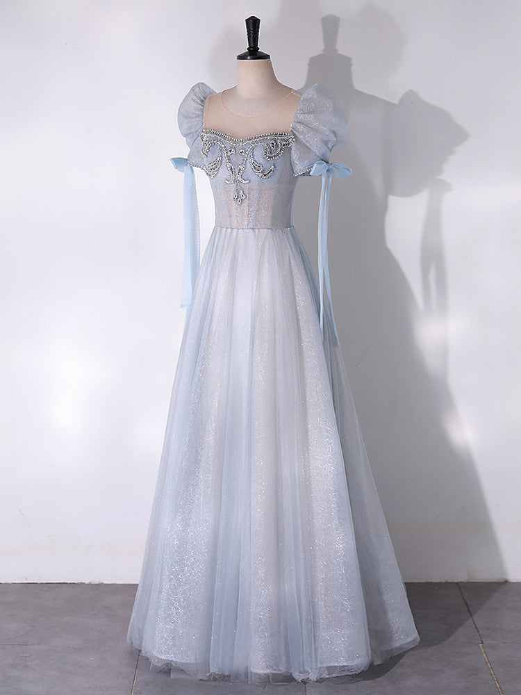 A-Line Scoop Neckline Tulle Light Blue Long Prom Dress with Beads US 8 / Light Blue A-Line Scoop Neckline Tulle Light Blue Long Prom Dress with Beads US 8 / Light Blue
