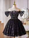 A-Line Off Shoulder Tulle Beads Black Prom Dress, Black Homecoming Dress