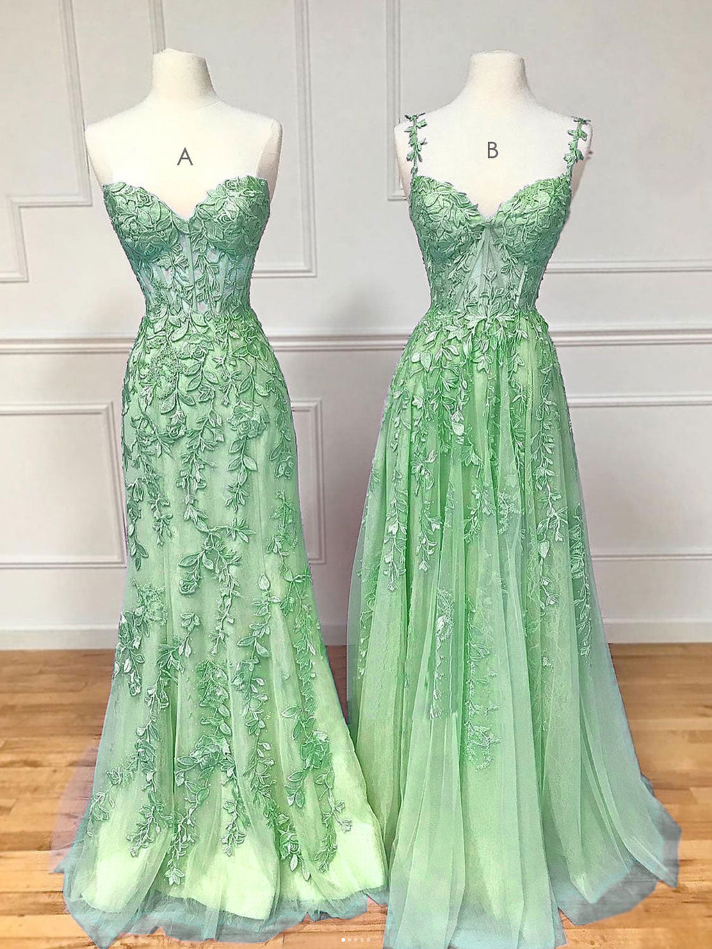 A-Line Tulle Lace Green Long Prom Dress, Green Lace Long Graduation Dress
