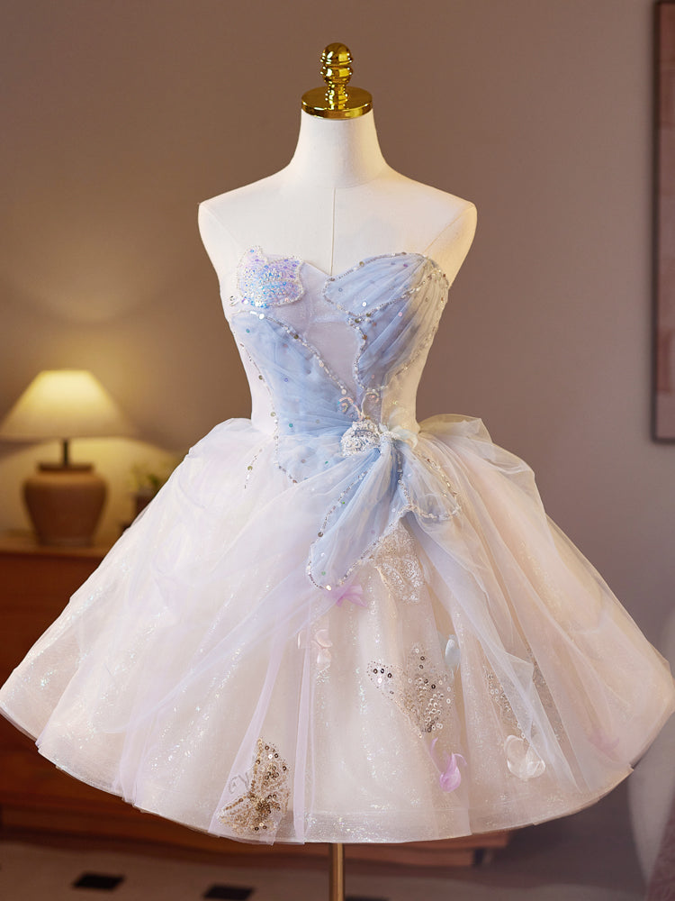 A-Line Sweetheart Neck Tulle Blue Short Prom Dress, Blue Homecoming Dress