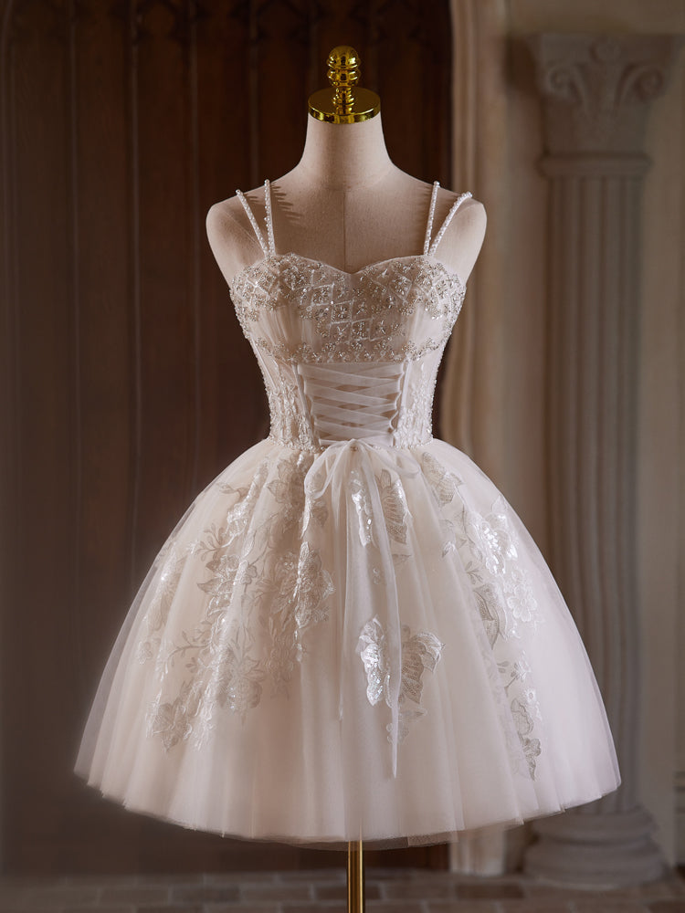 A-Line Sweetheart Neck Tulle Lace Light Champagne Short Prom Dress With Beads Custom Size / Light Champagne A-Line Sweetheart Neck Tulle Lace Light Champagne Short Prom Dress With Beads Custom Size / Light Champagne