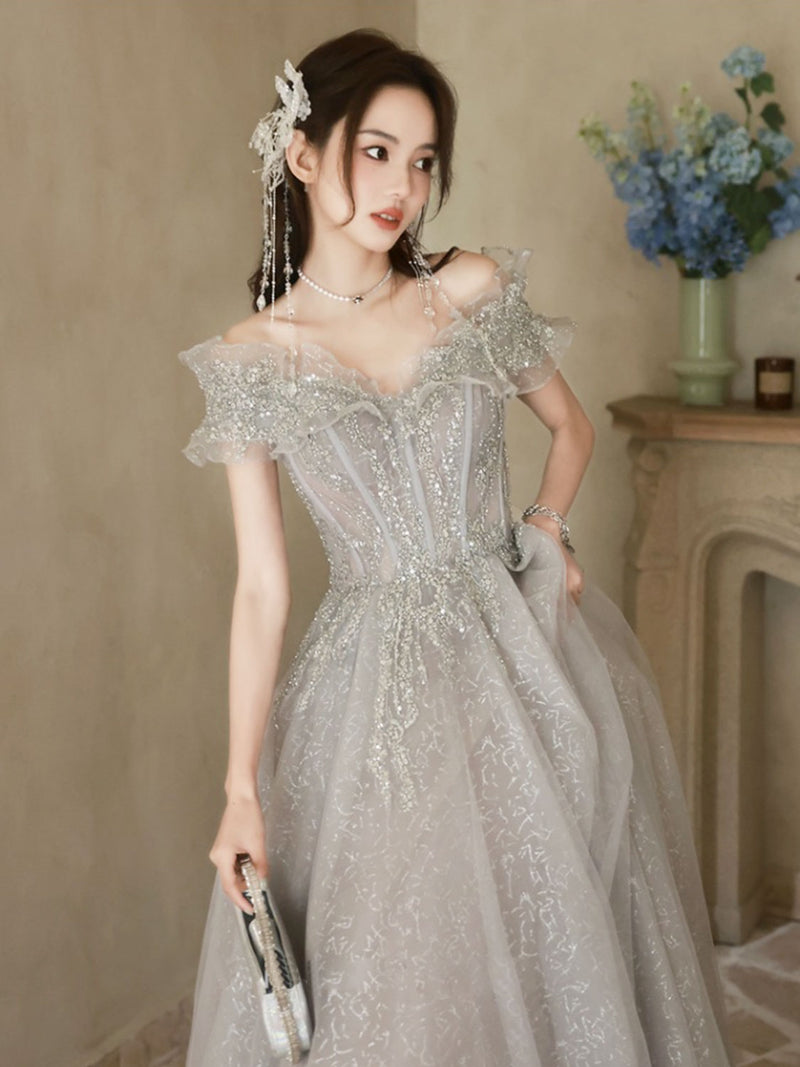 A-Line Off Shoulder Tulle Sequin Gray Long Prom Dress