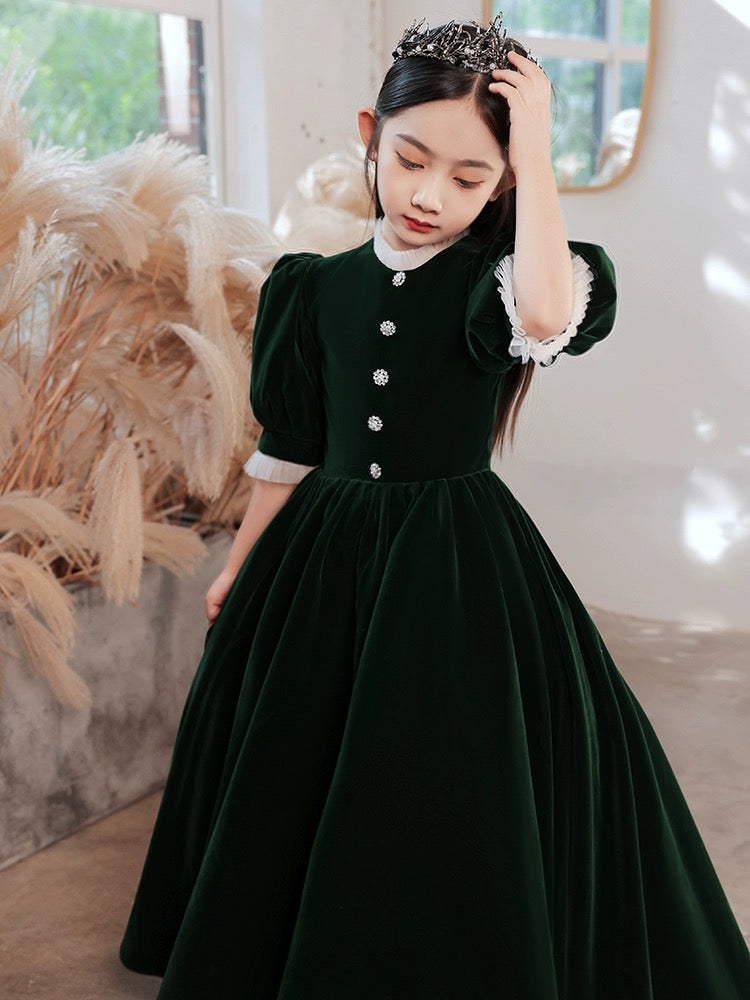 Simple High Neck Velvet Green Long Flower Girl Dress