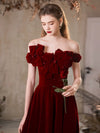 A-Line Off Shoulder Velvet Burgundy Long Prom Dress, Burgundy Long Formal Dress