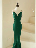 Mermaid V Neck Satin Green Long Prom Dress, Green Long Evening Dress