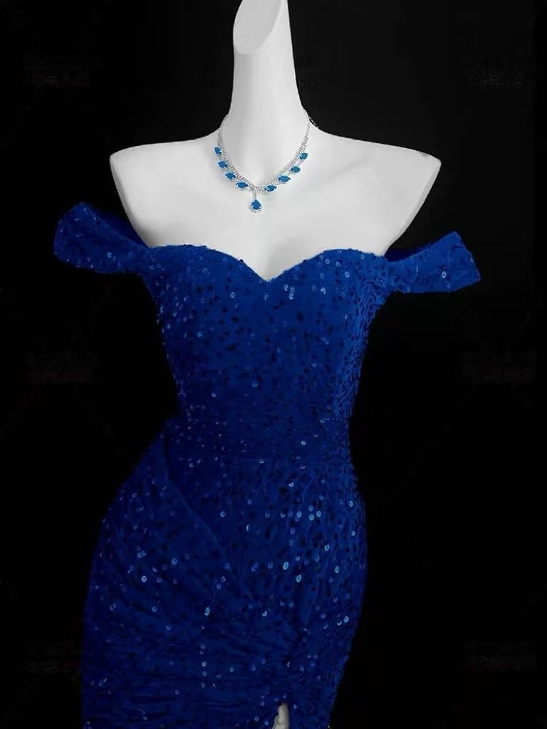 Simple Mermaid Velvet Sequin Blue Long Prom Dress, Blue Formal Dress