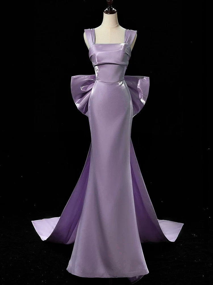 Simple Satin Purple Long Prom Dress, Purple Long Formal Dress with bow tie