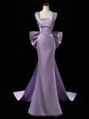 Simple Satin Purple Long Prom Dress, Purple Long Formal Dress with bow tie