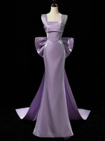Simple Satin Purple Long Prom Dress, Purple Long Formal Dress with bow tie