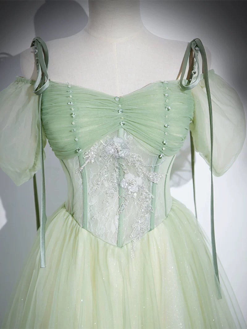 A-Line Tulle Lace Green Long Prom Dress, Green Long Evening Dress