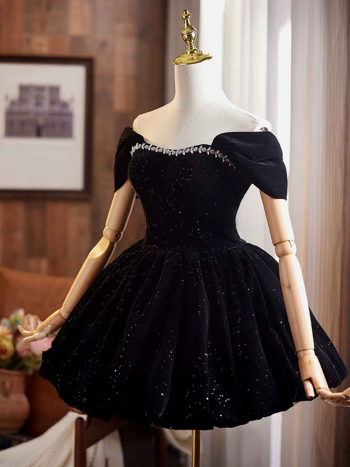 A-Line Off Shoulder Mini Black Short Prom Dress, Black Homecoming Dress