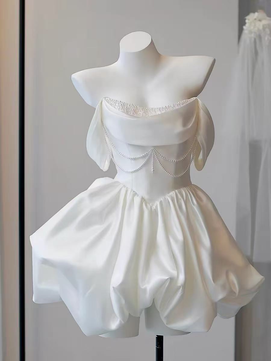 White Off Shoulder Satin Short Prom Dress, White Homecoming Dress