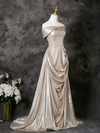 A-Line Off Shoulder Champagne Long Prom Dress, Champagne Long Formal Dress