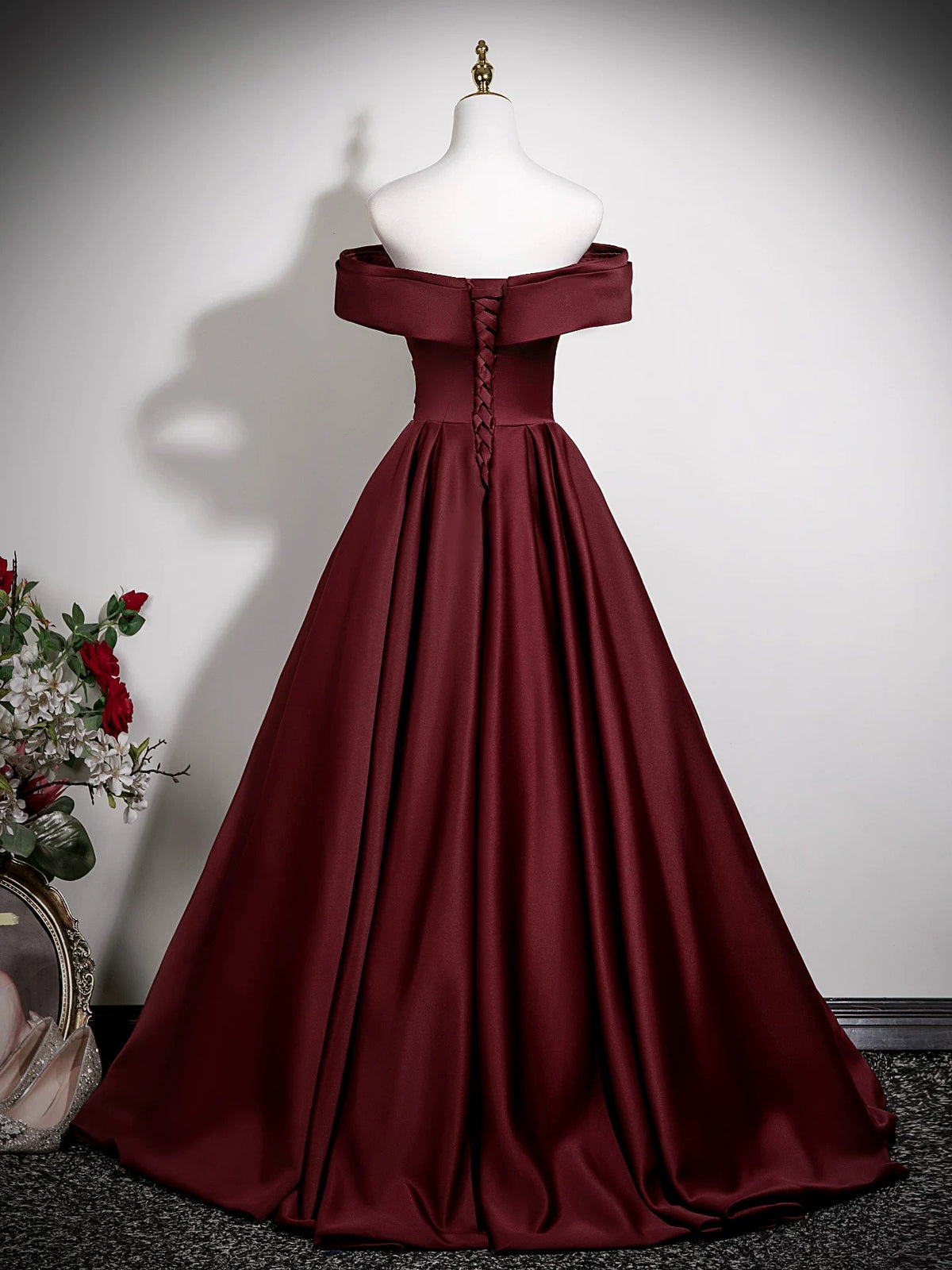 maroon dress formal A-Line Off Shoulder Satin Burgundy Long Prom Dress, Burgundy Long Form – shopluu beetje-stretch