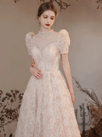 A-Line High Neck Lace Champagne Long Prom Dress with Beads