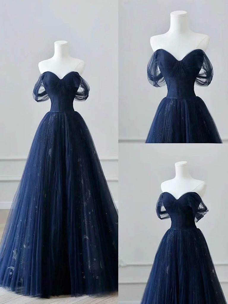 A-Line Off Shoulder Tulle Lace Dark Blue Long Prom Dress, Dark Blue Lo