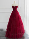 A-line Off Shoulder Tulle Shiny Burgundy Long Prom Dress, Burgundy Long Formal Dress