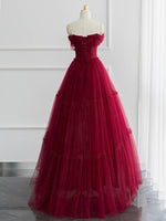 A-line Off Shoulder Tulle Shiny Burgundy Long Prom Dress, Burgundy Long Formal Dress