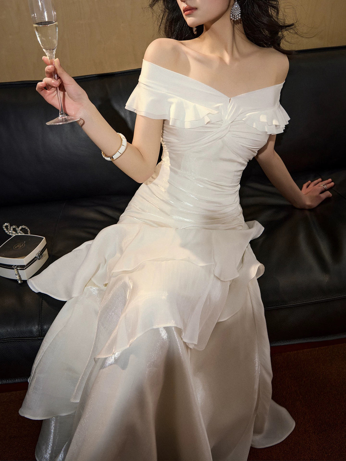 Mermaid Off Shoulder Silk Floor Length White Prom Dress