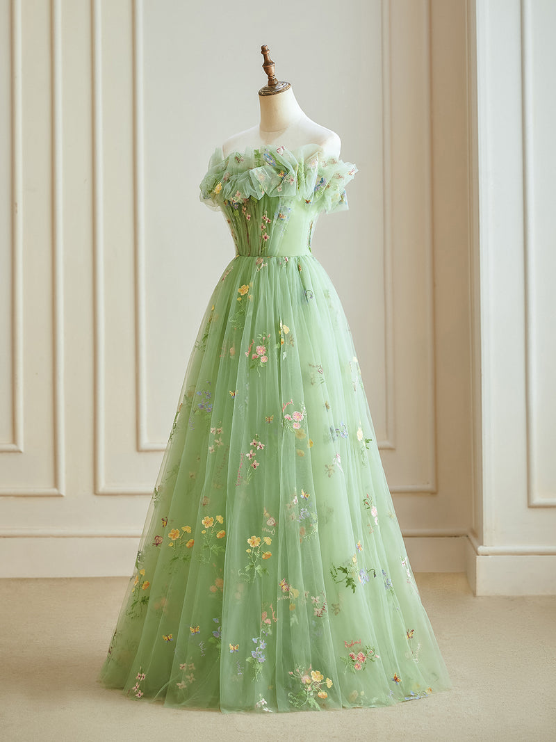 A-Line Off Shoulder Tulle Lace Green Long Prom Dress, Green Lace Long shopluu A-Line Off Shoulder Tulle Lace Green Long Prom Dress, Green Lace Long shopluu
