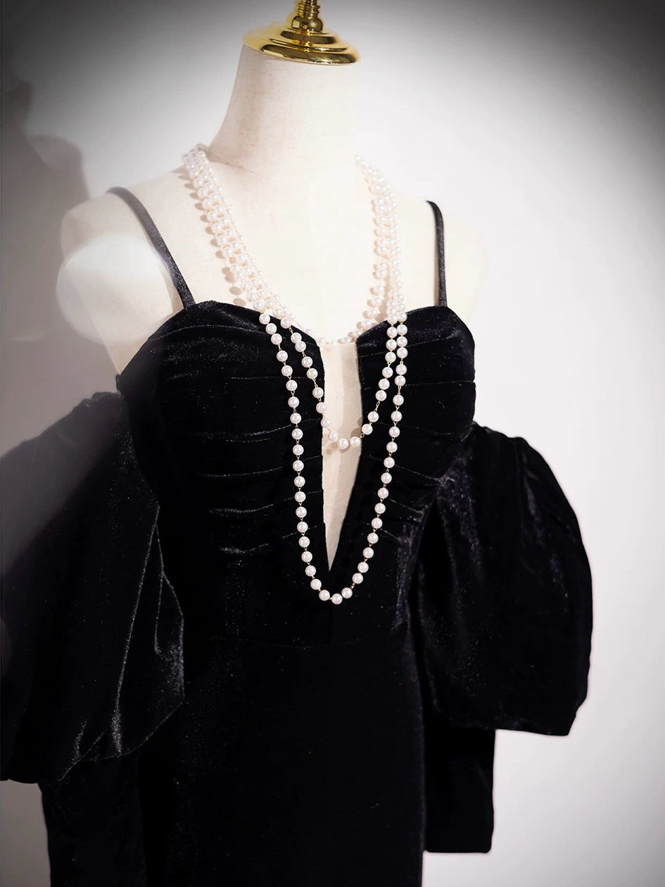 A-line Sweetheart Velvet Long Sleeves Black Prom Dress, Black Evening Dress
