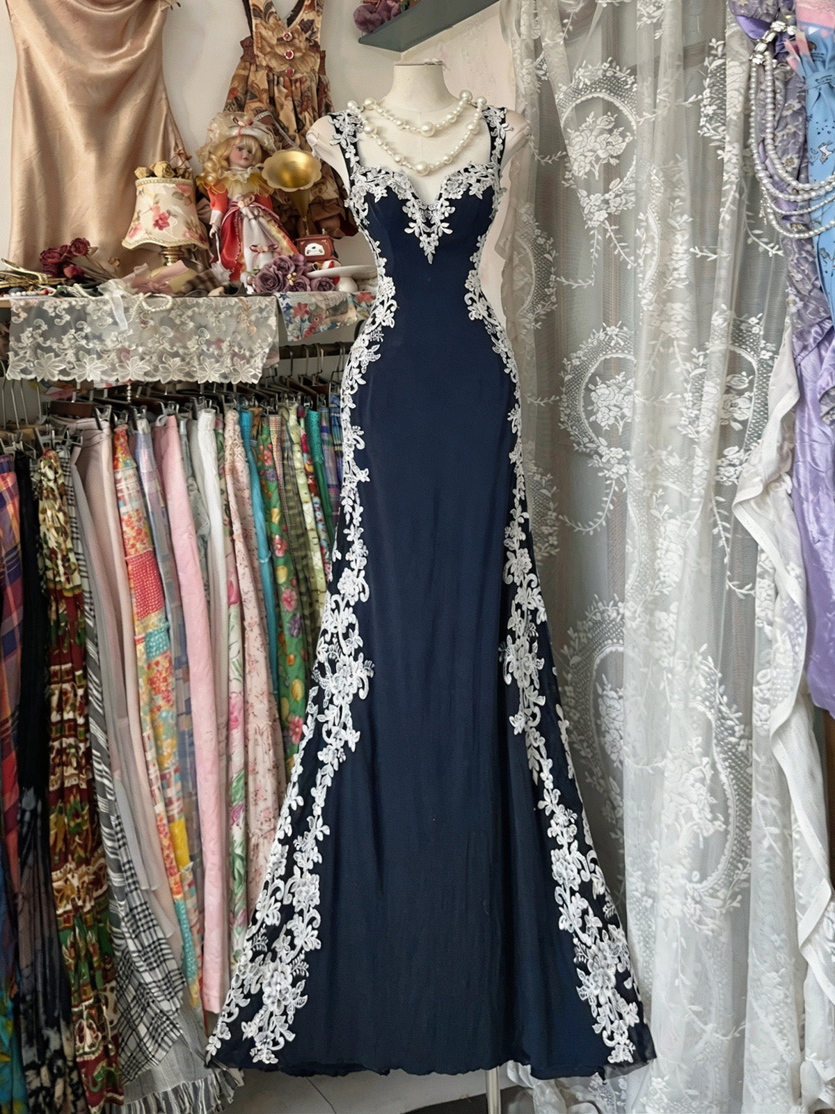 Mermaid Sweetheart Floor Length Lace Dark Blue Prom Dress