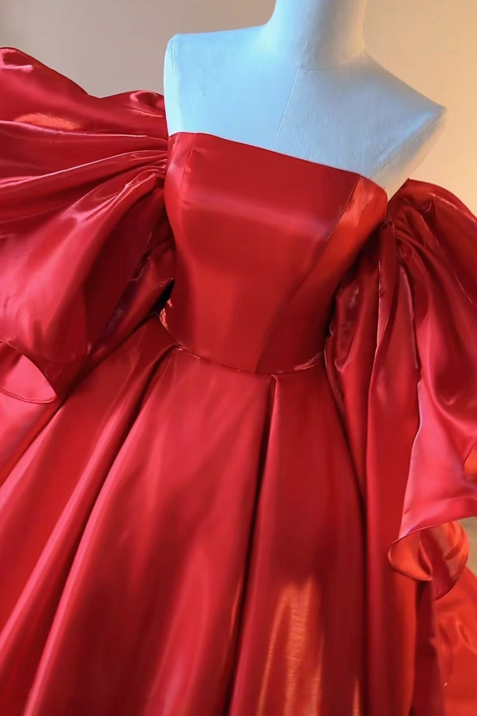 A-line Red Satin Sweep Train Long Prom Dress, Red Long Formal Dress