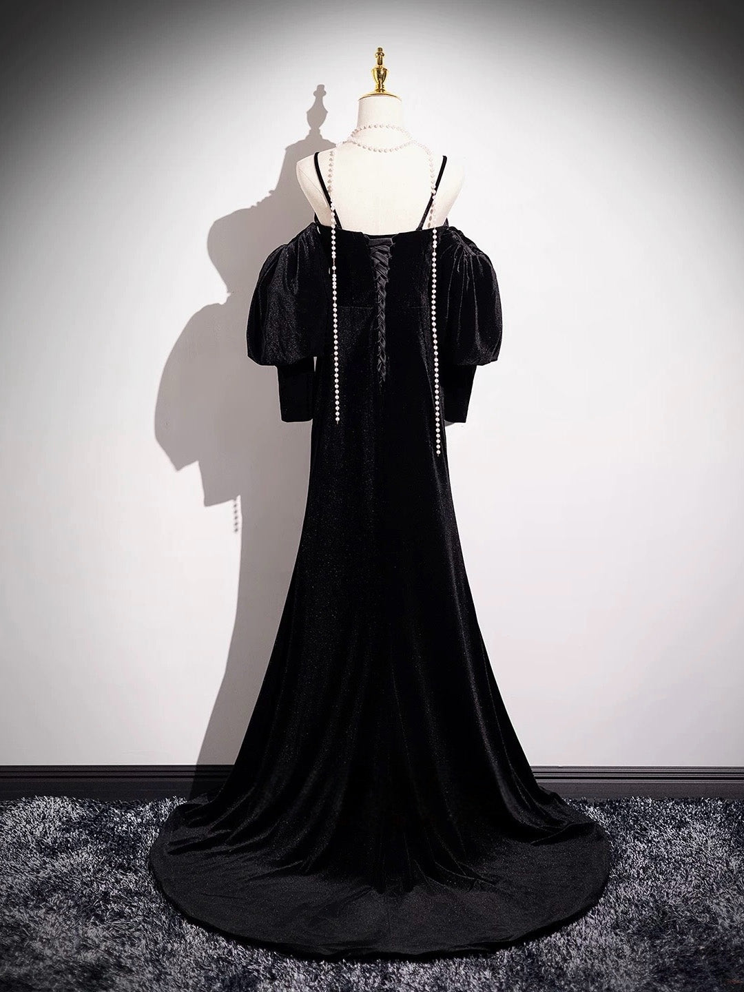 A-line Sweetheart Velvet Long Sleeves Black Prom Dress, Black Evening Dress