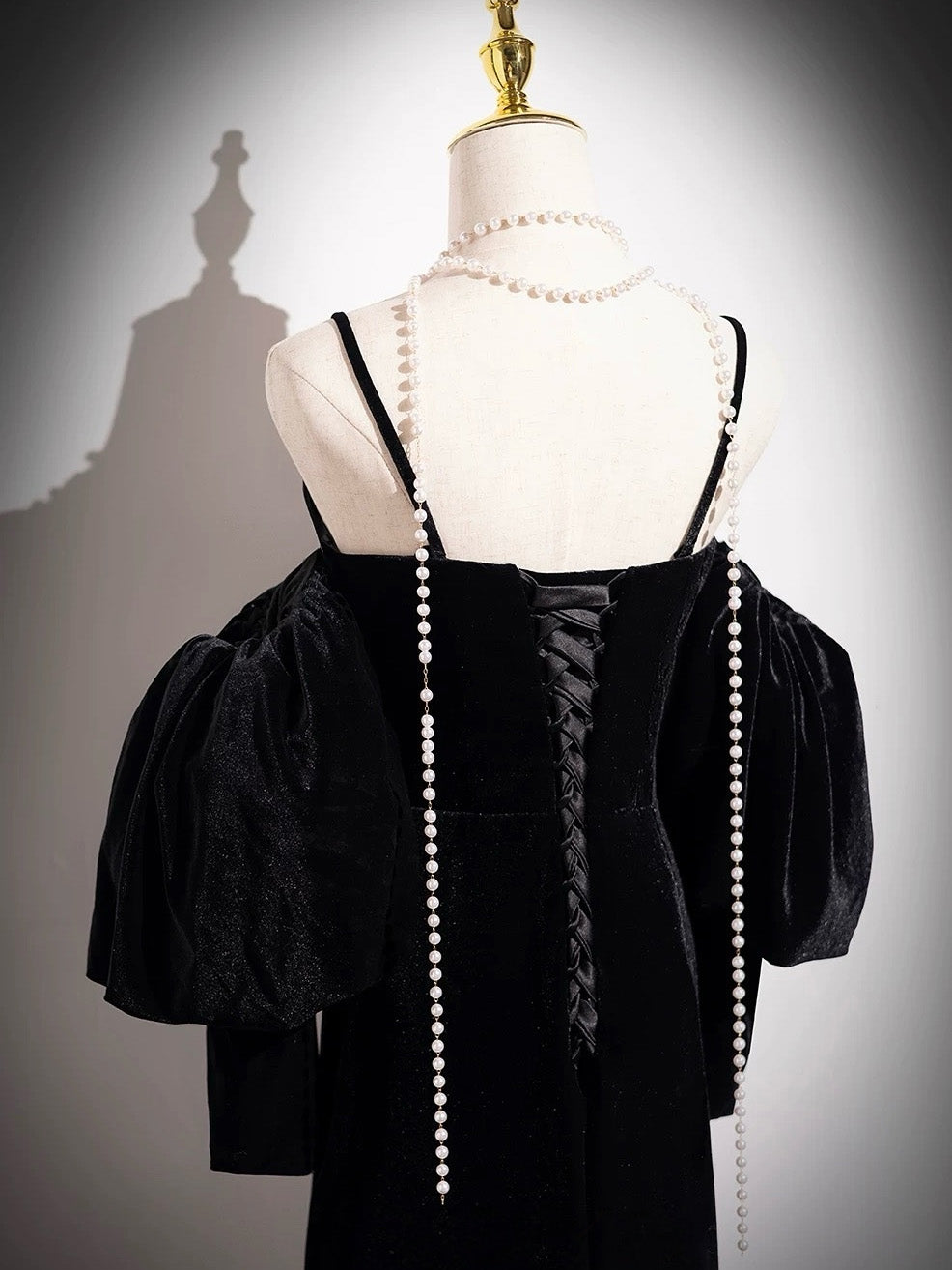 A-line Sweetheart Velvet Long Sleeves Black Prom Dress, Black Evening Dress