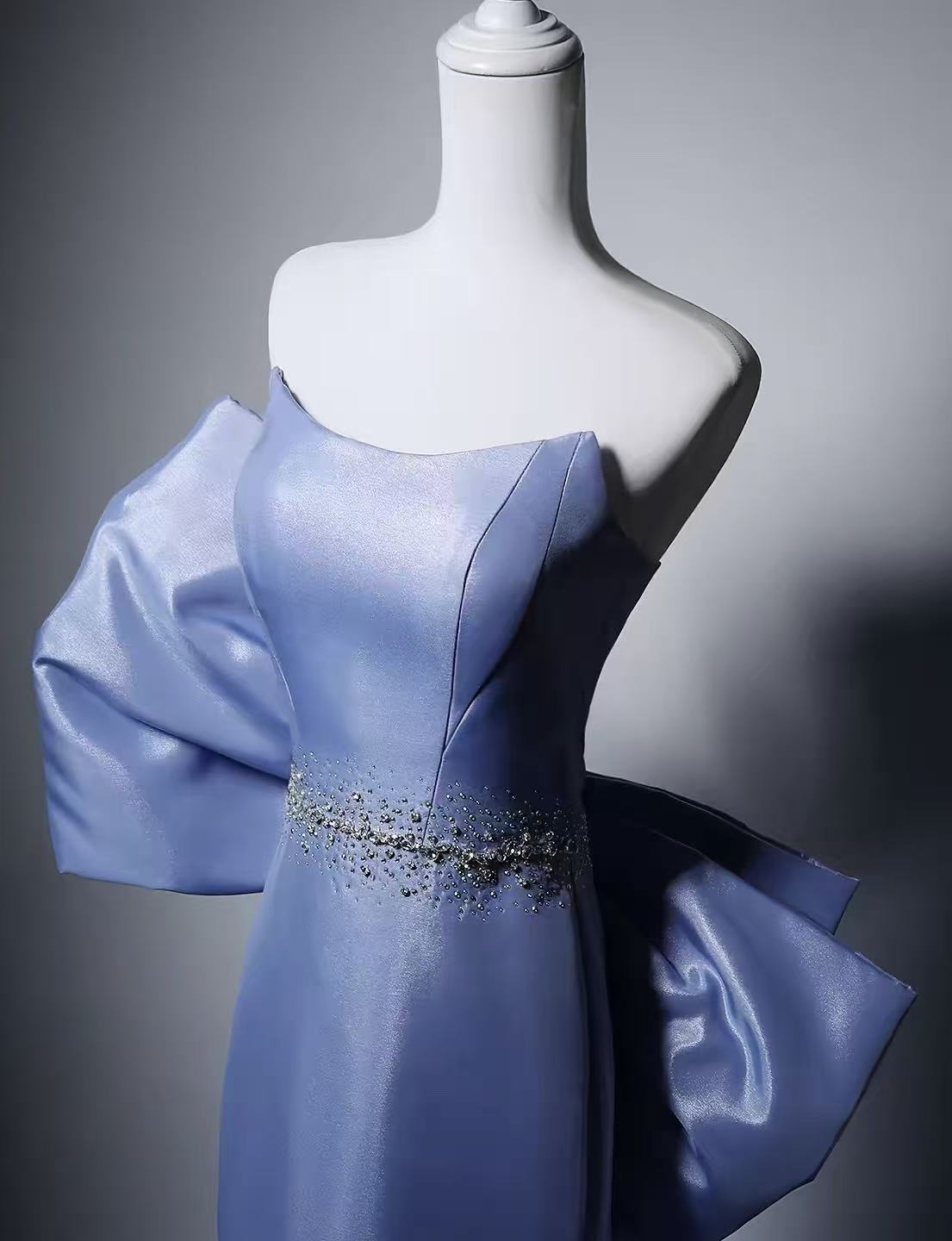 Mermaid Satin Beads Blue Long Prom Dress with Bow