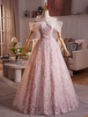 A-Line Off Shoulder Tulle Lace Purple Long Prom Dress, Purple Evening Dress