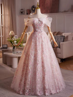A-Line Off Shoulder Tulle Lace Purple Long Prom Dress, Purple Evening Dress