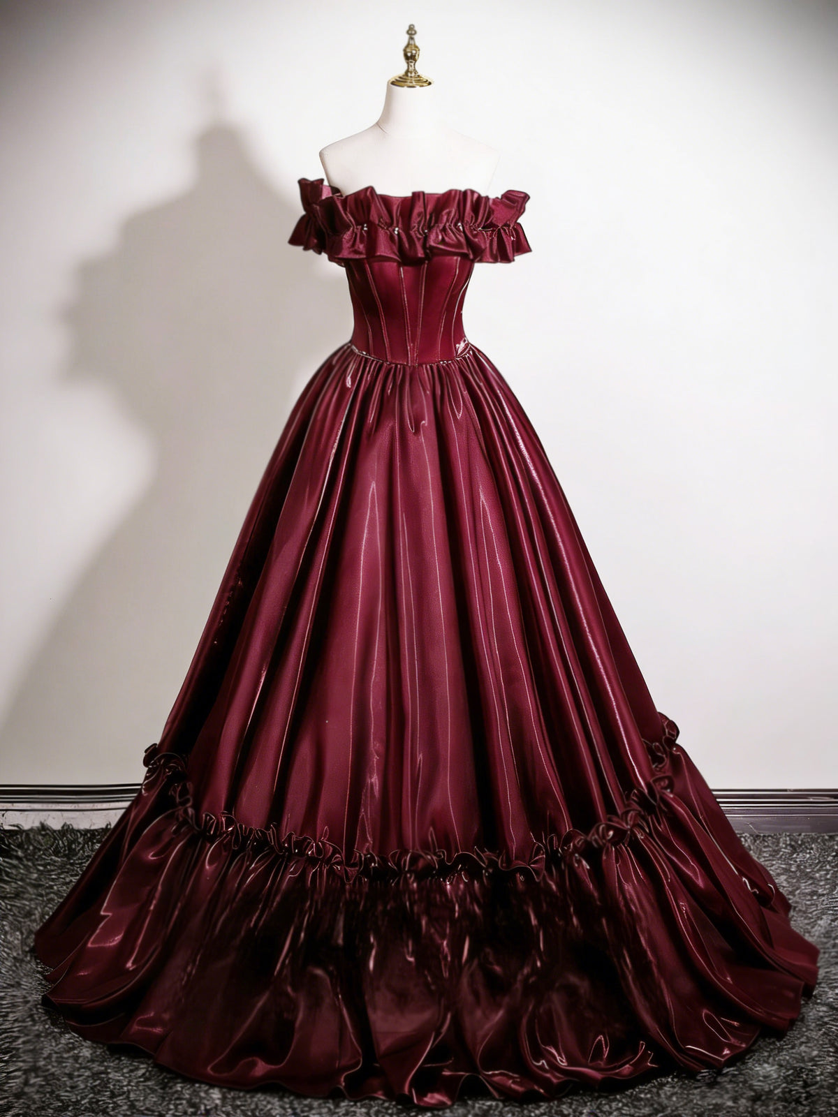 A-Line Off Shoulder Satin Floor Length Burgundy Prom Dress