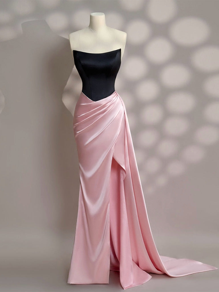 Mermaid Satin Sweep Train Pink Long Prom Dress