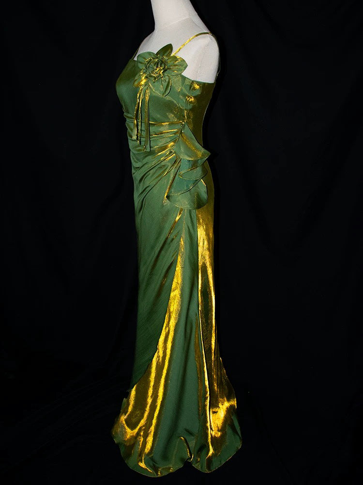 A-Line Floor Length Flower Green Party Prom Dress