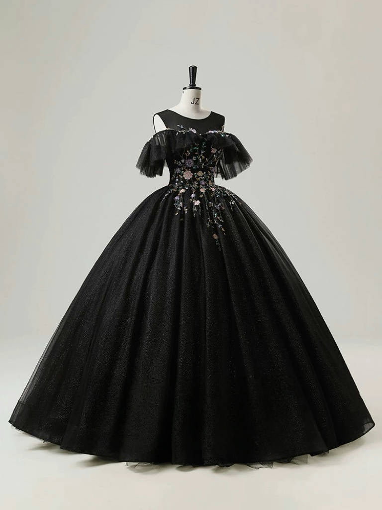 A-Line Round Neck Tulle Lace Black Long Prom Dress, Black Long Sweet 16 Dress